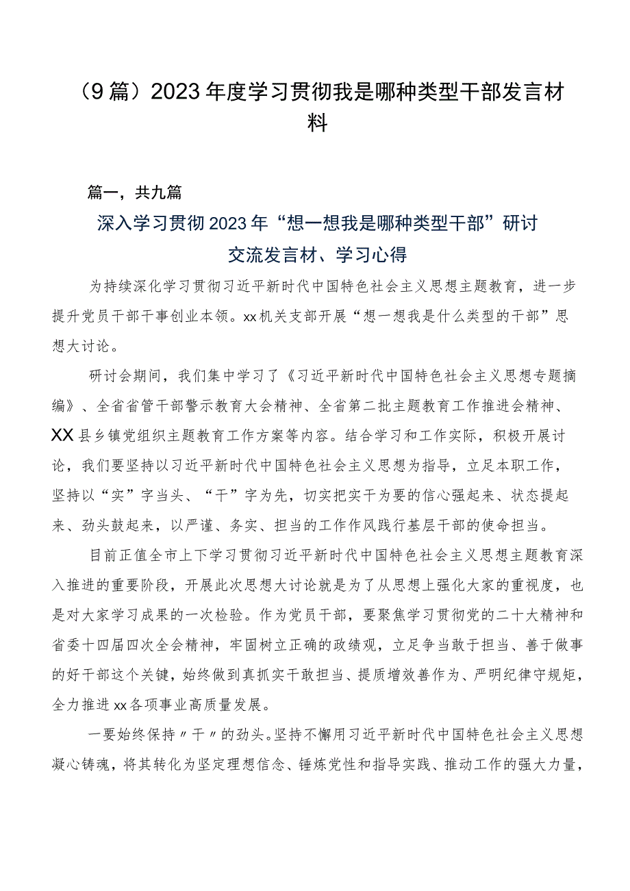 （9篇）2023年度学习贯彻我是哪种类型干部发言材料.docx_第1页