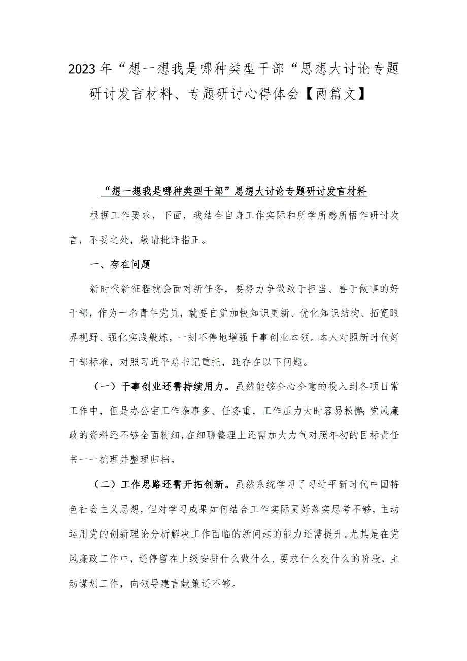 2023年“想一想我是哪种类型干部”思想大讨论专题研讨发言材料、专题研讨心得体会【两篇文】.docx_第1页