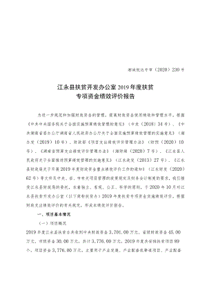 湘诚悦达专审〔2020〕230号江永县扶贫开发办公室2019年度扶贫专项资金绩效评价报告.docx