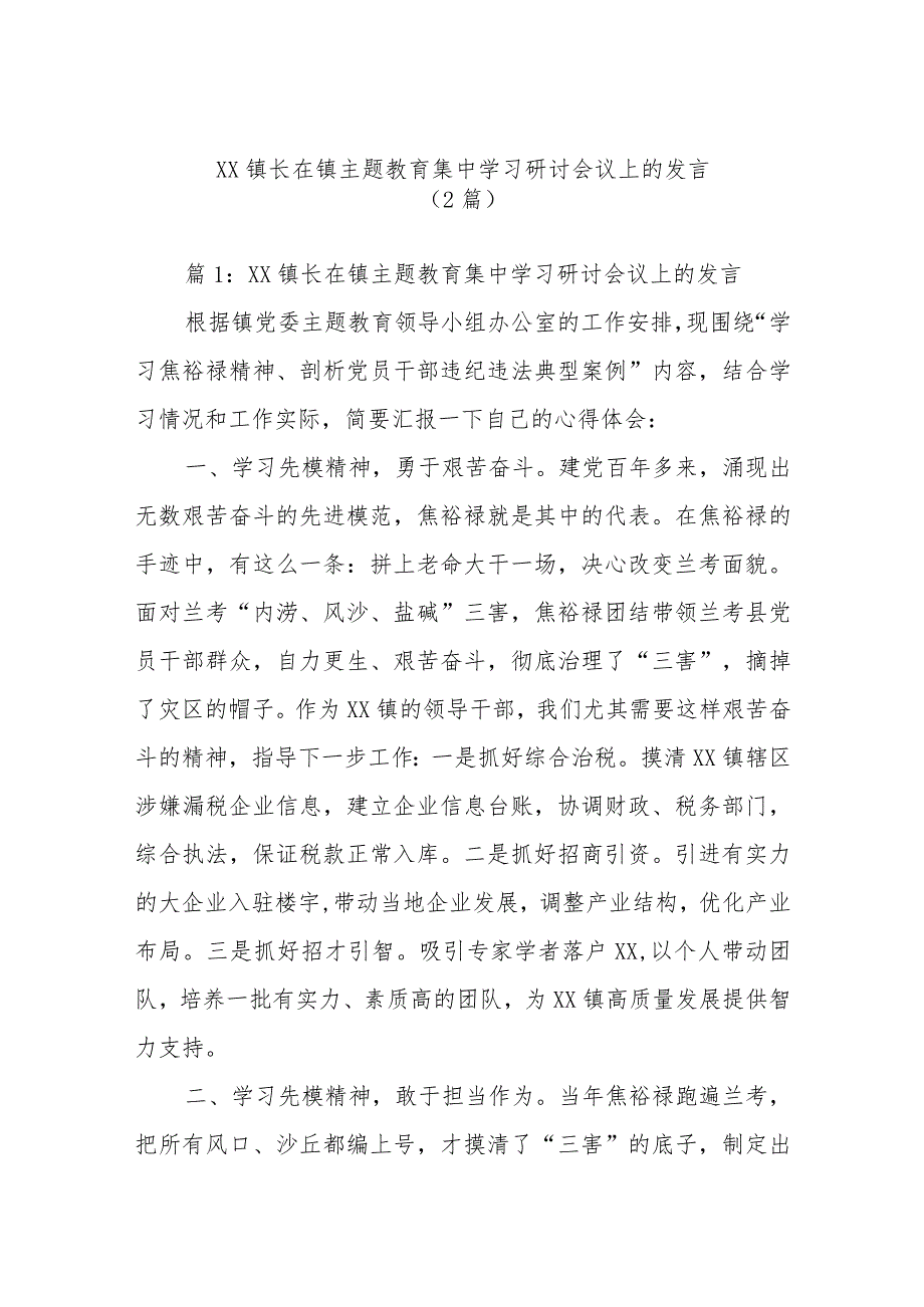 (2篇)XX镇长在镇主题教育集中学习研讨会议上的发言.docx_第1页