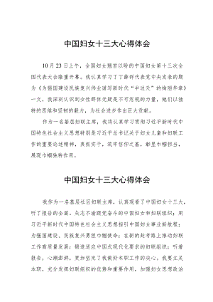 2023年中国妇女十三大的心得体会八篇.docx