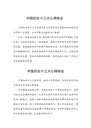 妇女干部学习中国妇女第十三次全国代表大会精神心得体会简短发言十七篇.docx