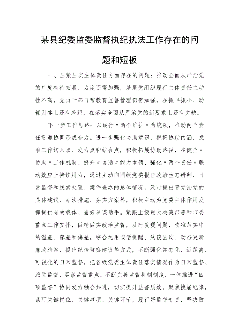 某县纪委监委监督执纪执法工作存在的问题和短板.docx_第1页