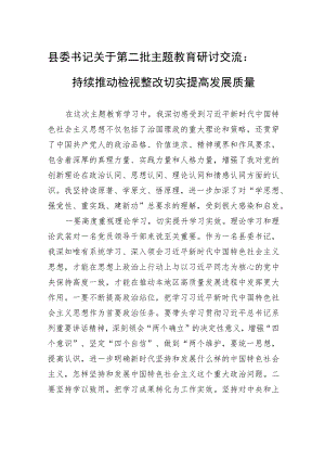 县委书记关于第二批主题教育研讨交流：持续推动检视整改+切实提高发展质量.docx