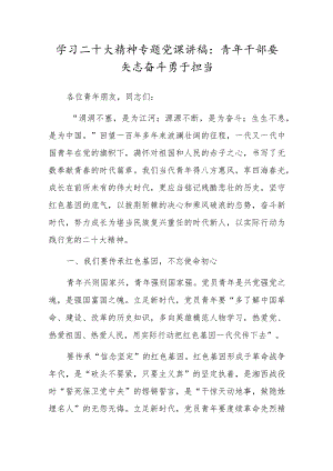 学习二十大精神专题党课讲稿：青年干部要矢志奋斗 勇于担当.docx