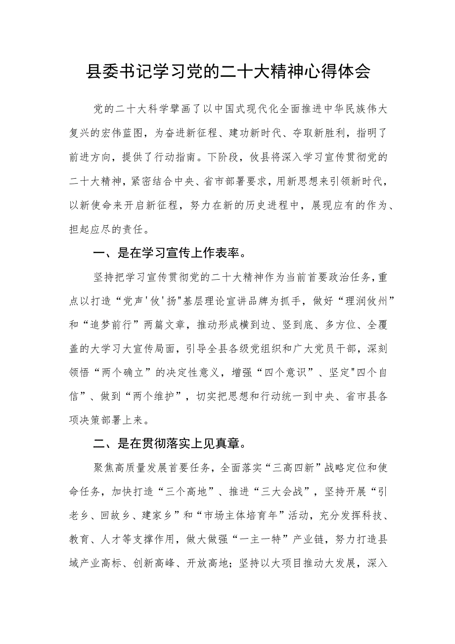 县委书记学习党的二十大精神心得体会.docx_第1页