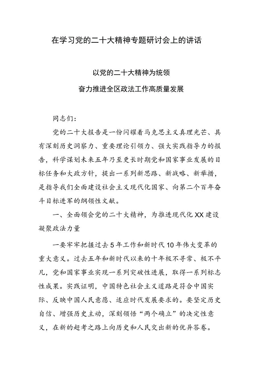 在学习党的二十大精神专题研讨会上的讲话.docx_第1页