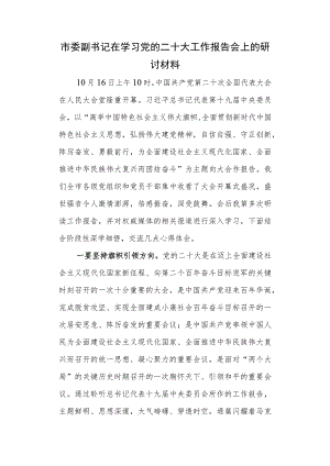 市委副书记在学习党的二十大工作报告会上的研讨材料.docx