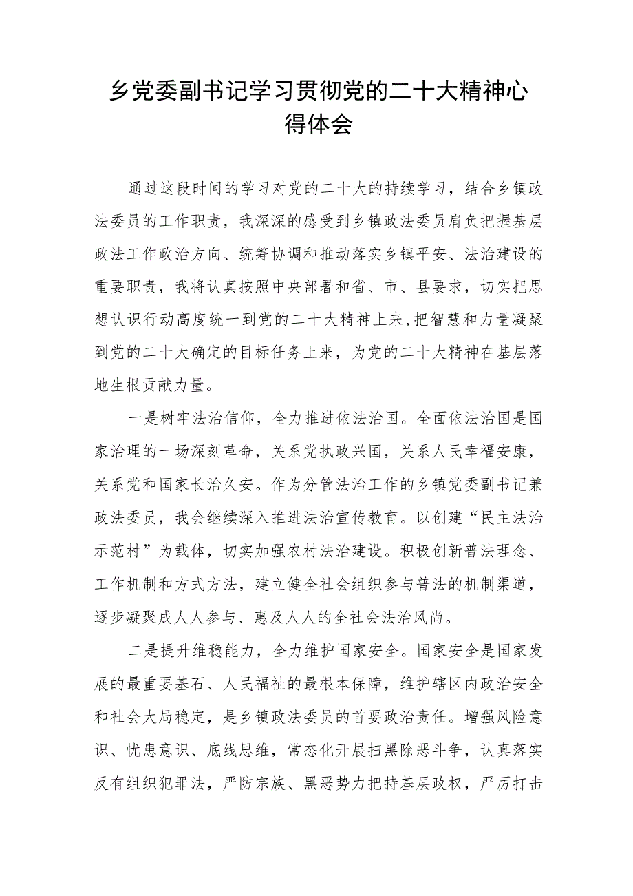 乡党委副书记学习贯彻党的二十大精神心得体会.docx_第1页