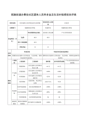 祝融街道办事处社区退休人员养老金及生活补贴绩效自评表.docx