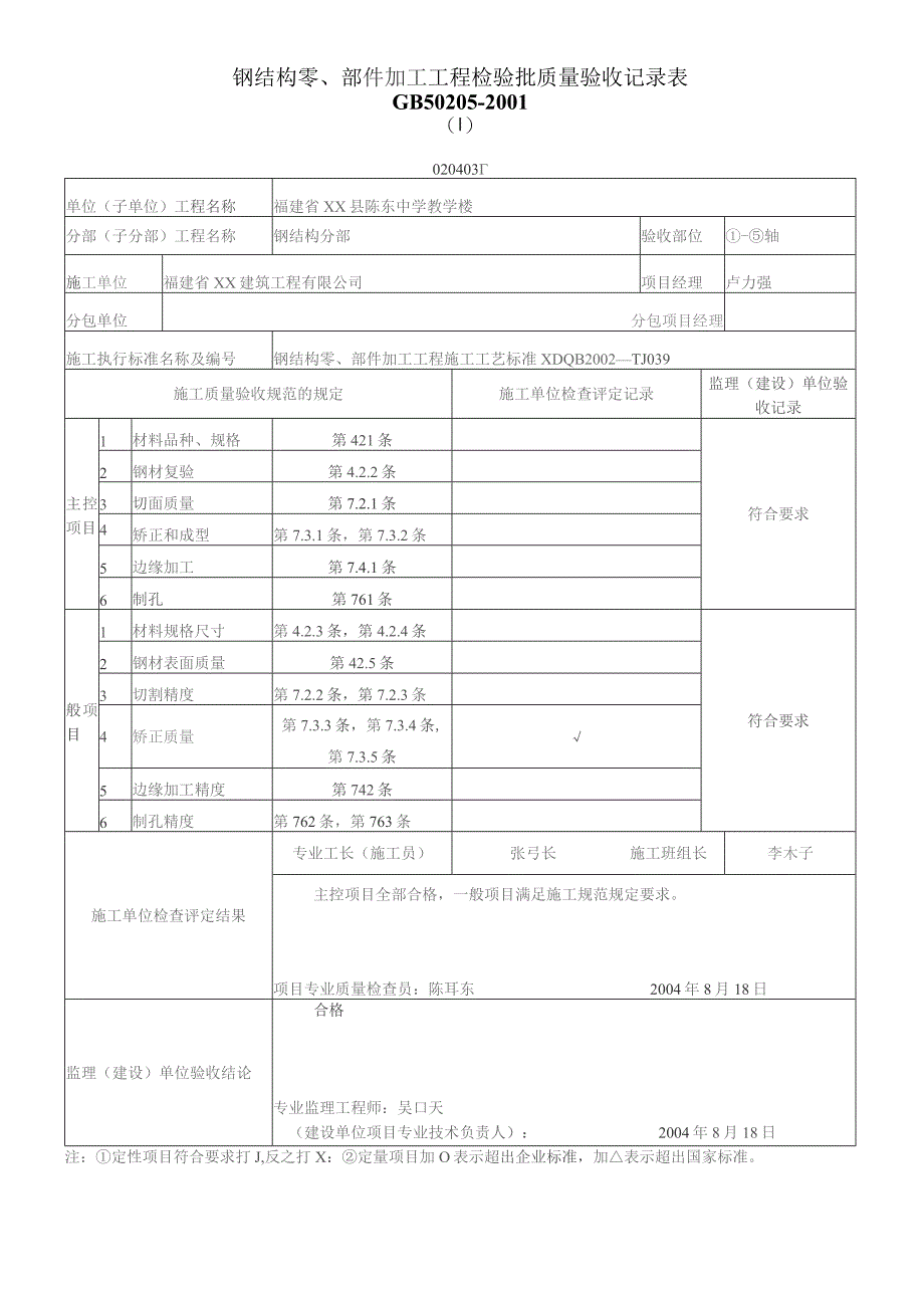 钢结构零、部件加工工程检验批质量验收记录表.docx_第1页