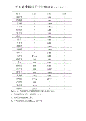 绍兴市中医院护士长值班023年10月日期备注值班期间必须随带值班手机并及时充电.docx