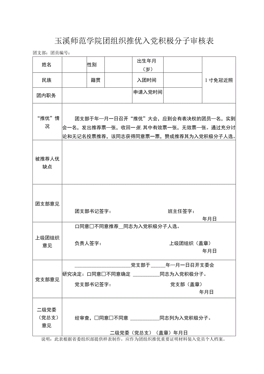 玉溪师范学院团组织推优入党积极分子审核表.docx_第1页