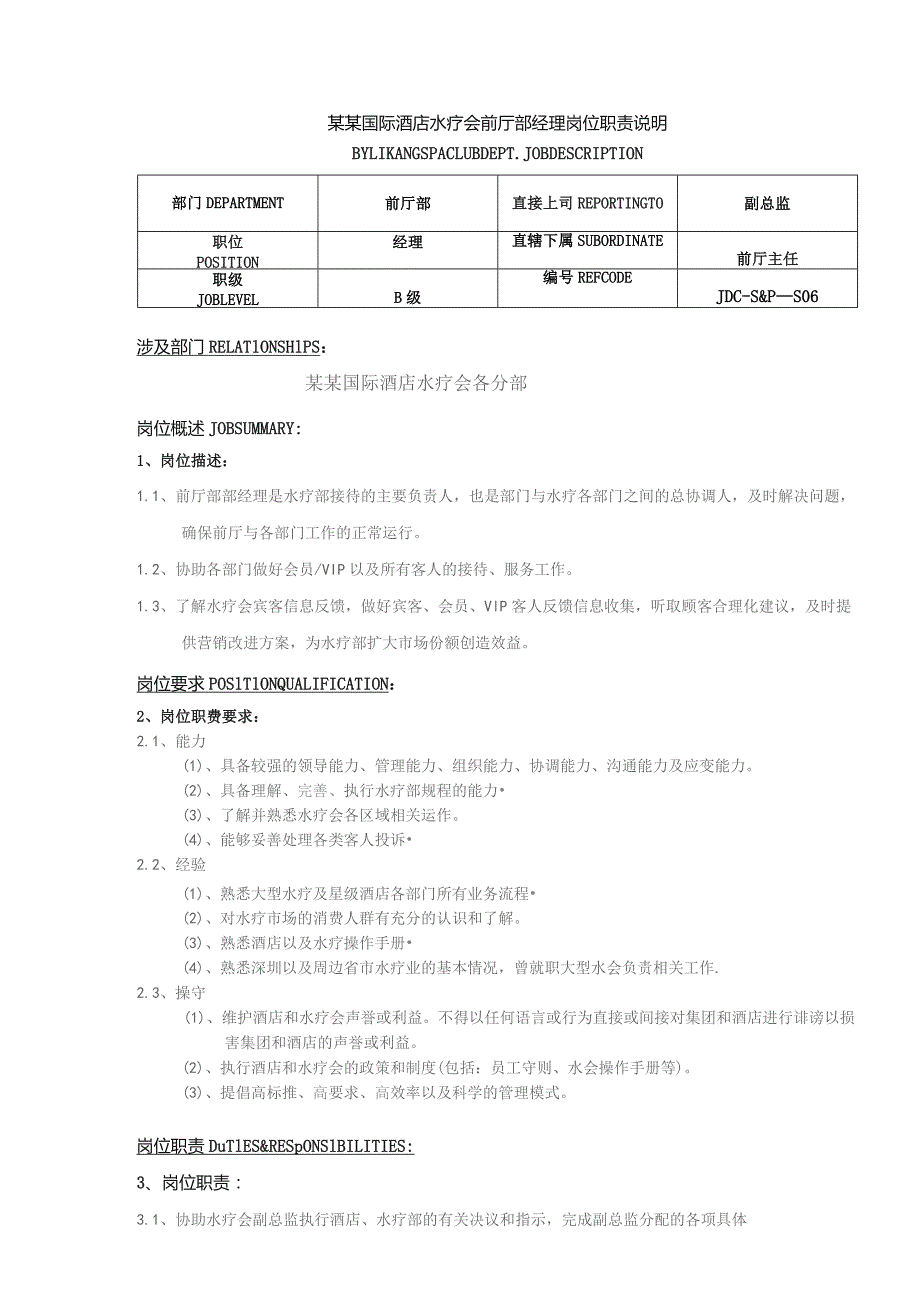 某某国际酒店水疗会前厅部经理岗位职责说明.docx_第1页