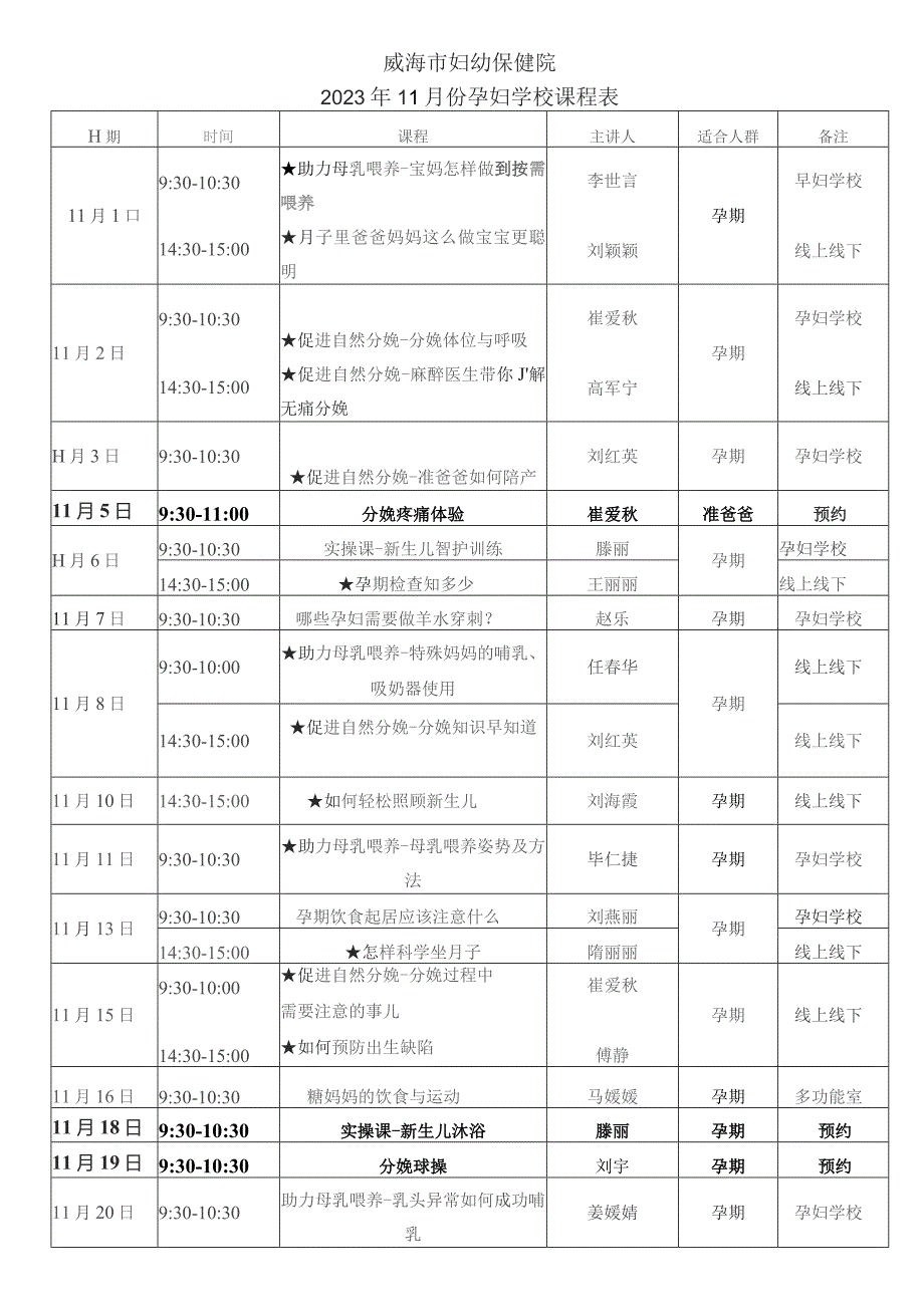 威海市妇幼保健院2023年11月份孕妇学校课程表.docx_第1页
