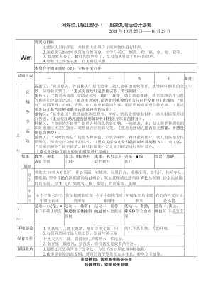 河海幼儿岷江部小1班第九周活动计划表.docx