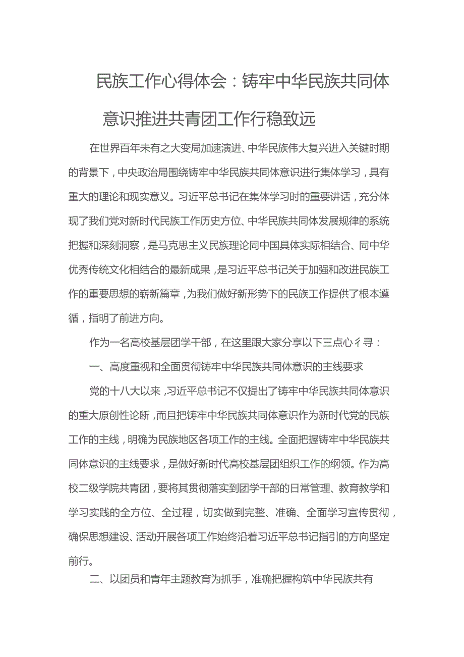 民族工作心得体会:铸牢中华民族共同体意识 推进共青团工作行稳致远.docx_第1页