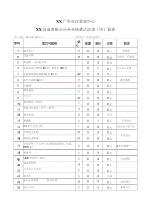 XX广告礼仪策划中心XX设备有限公司开业庆典活动预（结）算表（2023年）.docx