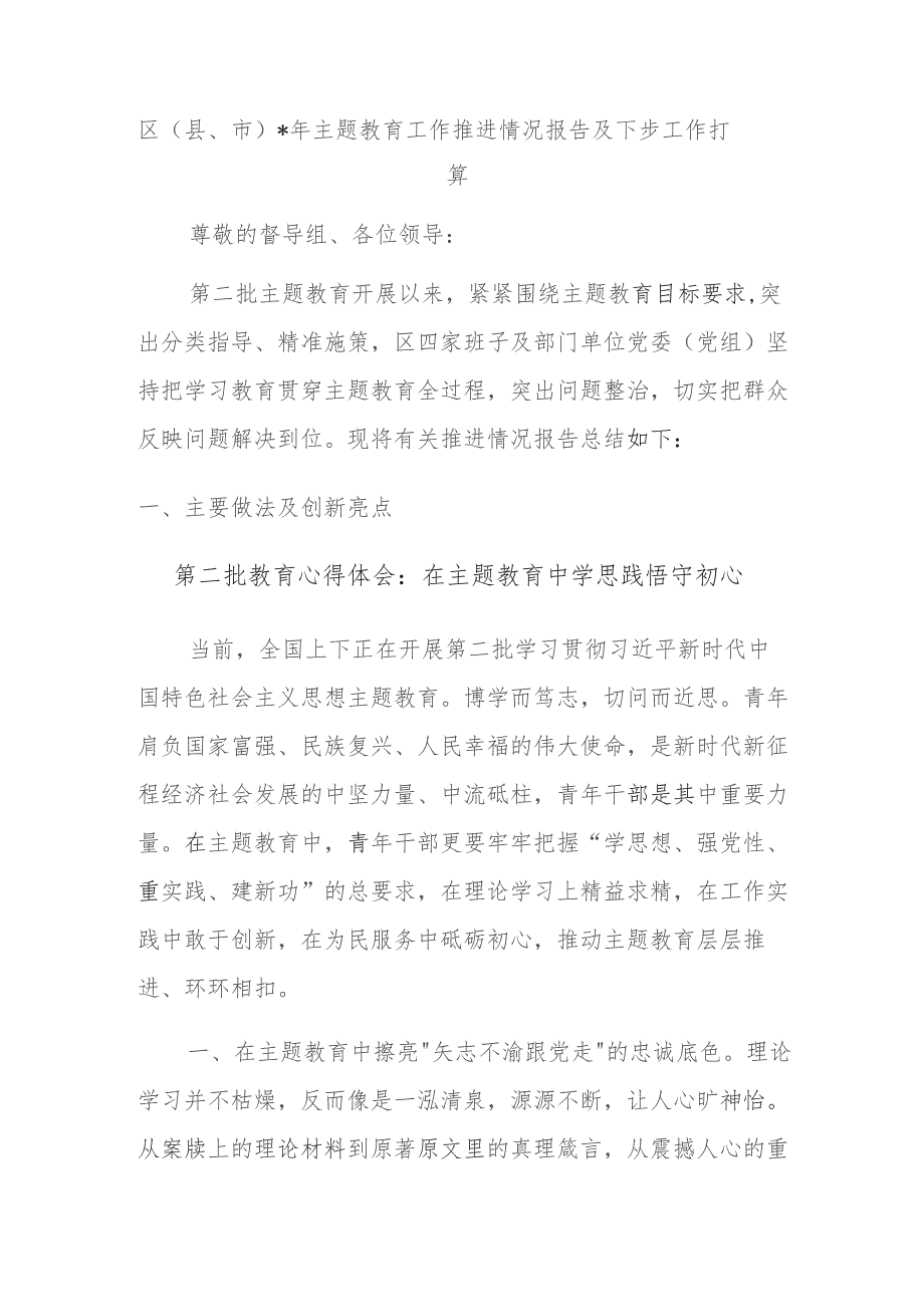 区（县、市）2023年主题教育工作推进情况报告及下步工作打算.docx_第1页