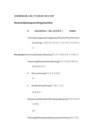 注塑模具新模上模工作检查表中英文对照.docx