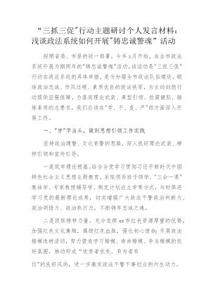 “三抓三促”行动主题研讨个人发言材料：浅谈政法系统如何开展“铸忠诚警魂”活动.docx
