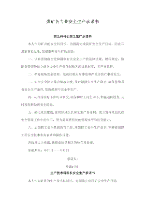 煤矿各专业安全生产承诺书.docx