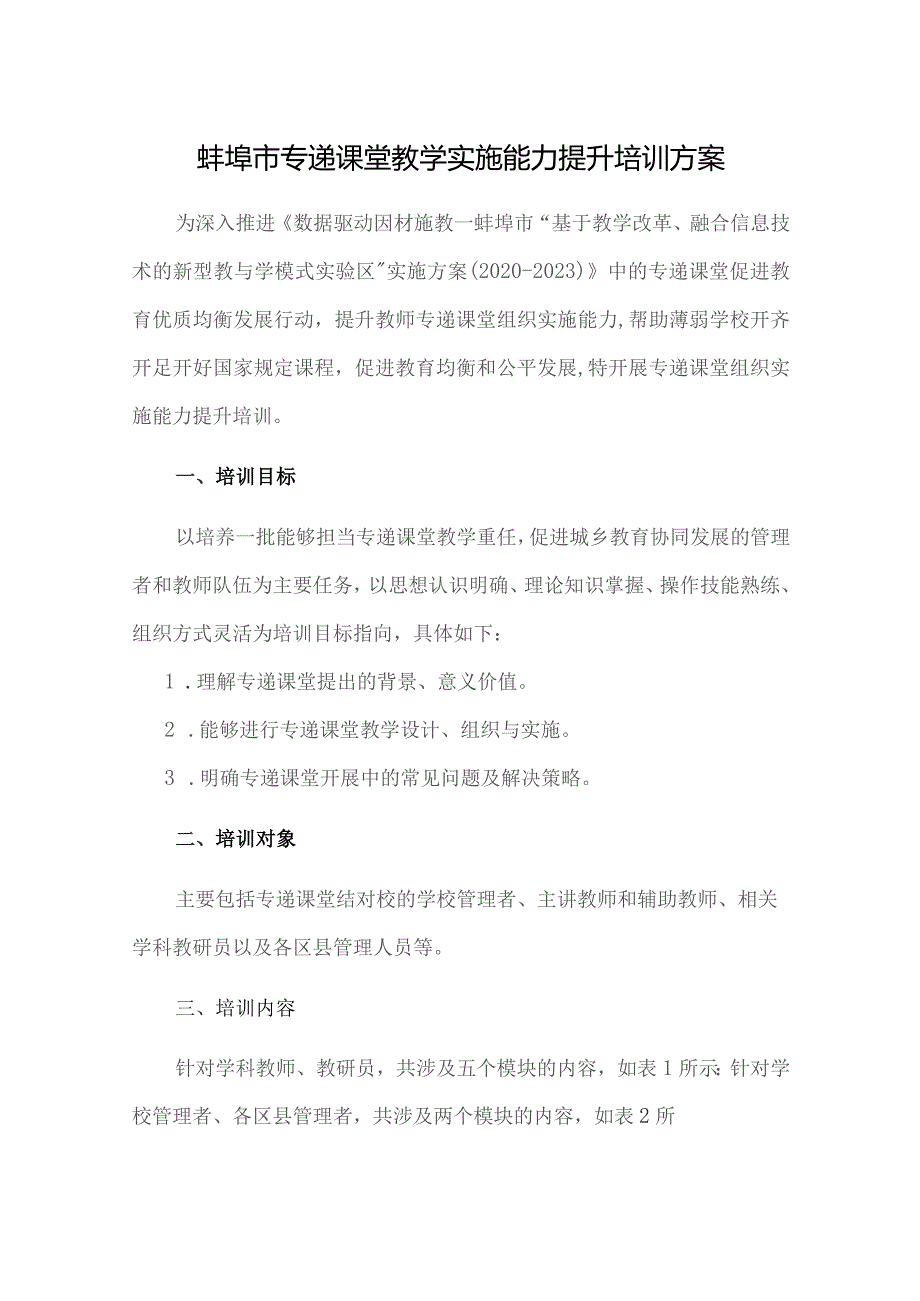 蚌埠市专递课堂教学实施能力提升培训方案.docx_第1页