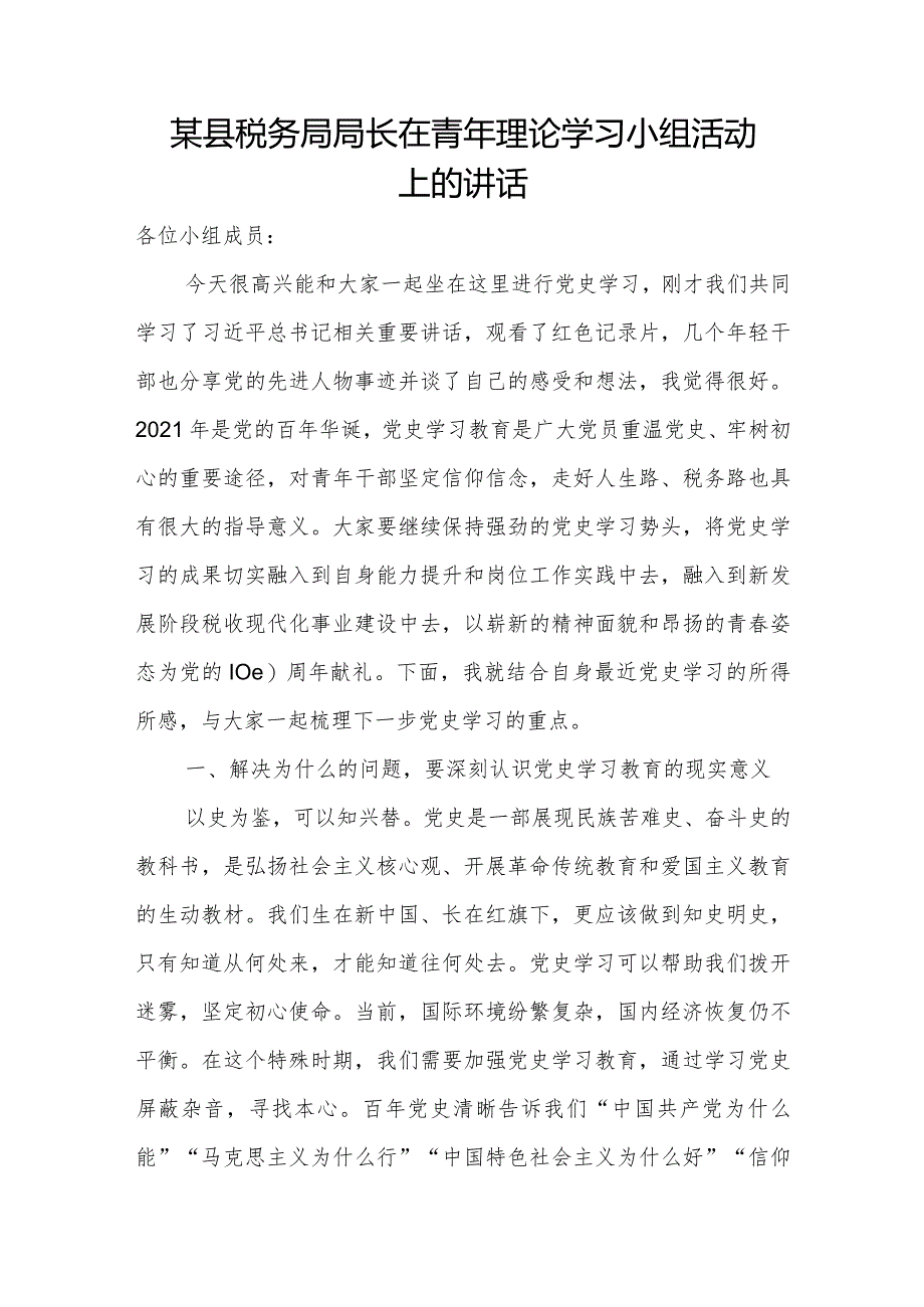 某县税务局局长在青年理论学习小组活动上的讲话.docx_第1页