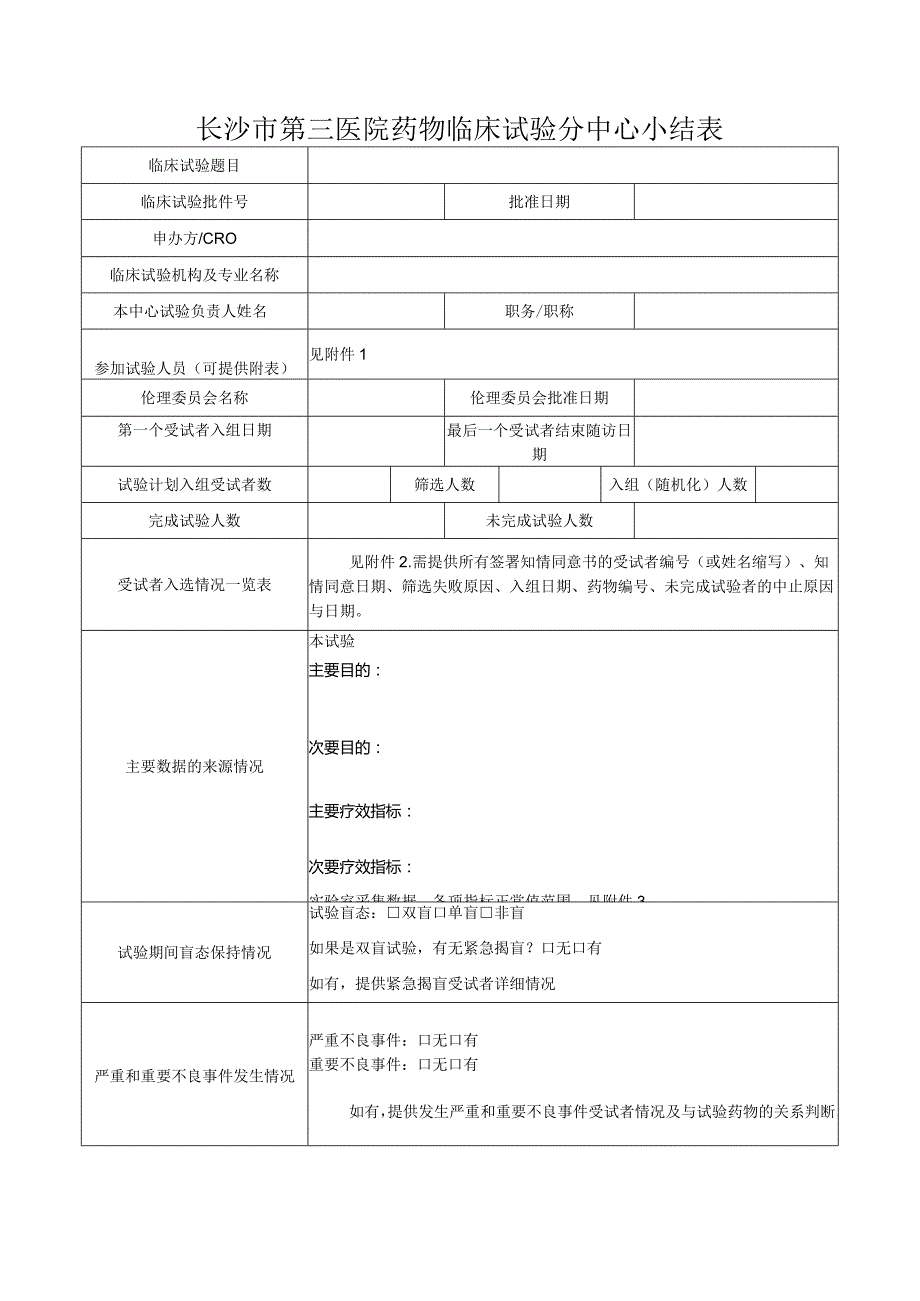 长沙市第三医院药物临床试验分中心小结表.docx_第1页
