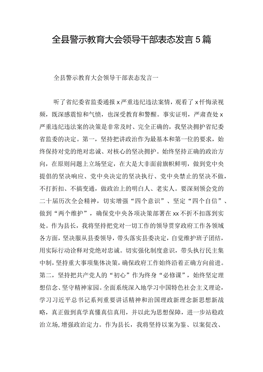 全县警示教育大会领导干部表态发言5篇.docx_第1页