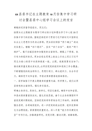 XX县委书记在主题教育10月份集中学习研讨会暨县委中心组学习会议上的发言.docx