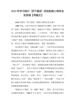2023年学习践行“四下基层”经验制度心得体会发言稿【两篇文】.docx