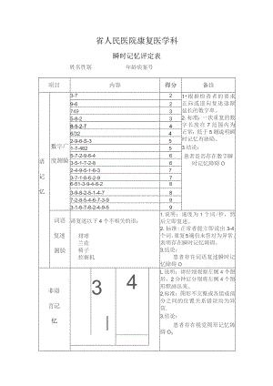 康复医学科（瞬时记忆评定表）.docx