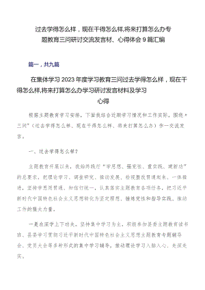 过去学得怎么样现在干得怎么样,将来打算怎么办专题教育三问研讨交流发言材、心得体会9篇汇编.docx