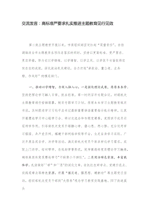 交流发言：高标准严要求扎实推进主题教育见行见效.docx