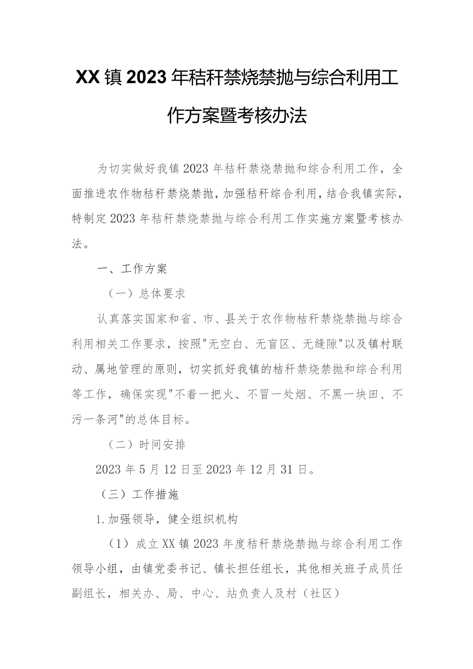 XX镇2023年秸秆禁烧禁抛与综合利用工作方案暨考核办法.docx_第1页