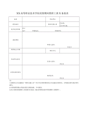 XX高等职业技术学院疫情期间教职工离X备案表.docx