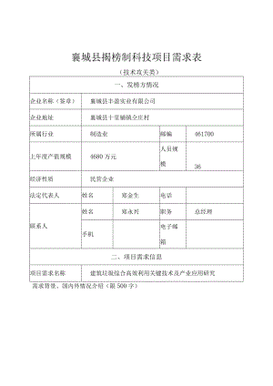 襄城县揭榜制科技项目需求表.docx