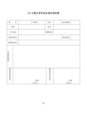 XX工程大学毕业生违约审批表.docx