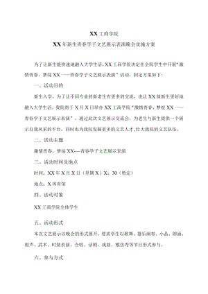 XX工商学院XX年新生青春学子文艺展示表演晚会实施方案.docx