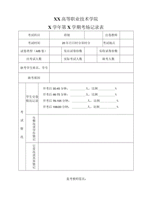 XX高等职业技术学院 X学年第X学期考场记录表（考试课）.docx