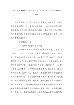 市委书记2022年度民主生活会“六个方面”个人对照检查材料.docx