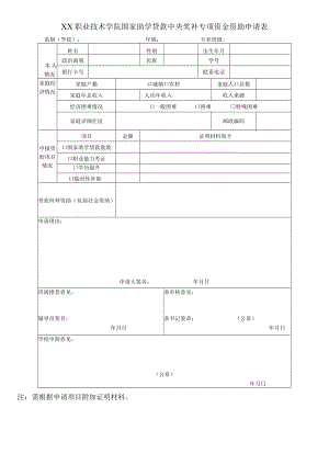 XX职业技术学院国家助学贷款中央奖补专项资金资助申请表.docx