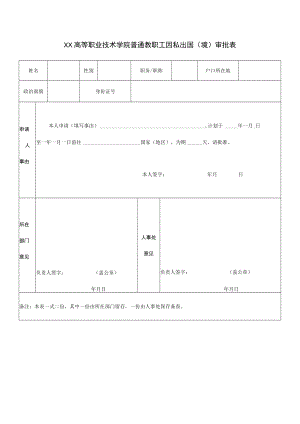 XX高等职业技术学院普通教职工因私出国（境）审批表.docx