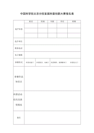职称中国科学院北京分院首届科普创新大赛报名表.docx