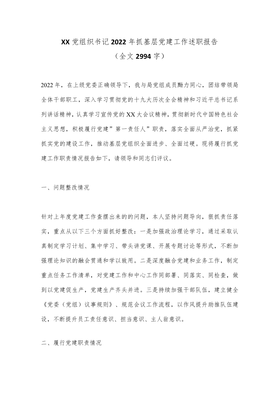 XX党组织书记2022年抓基层党建工作述职报告（全文2994字）.docx_第1页