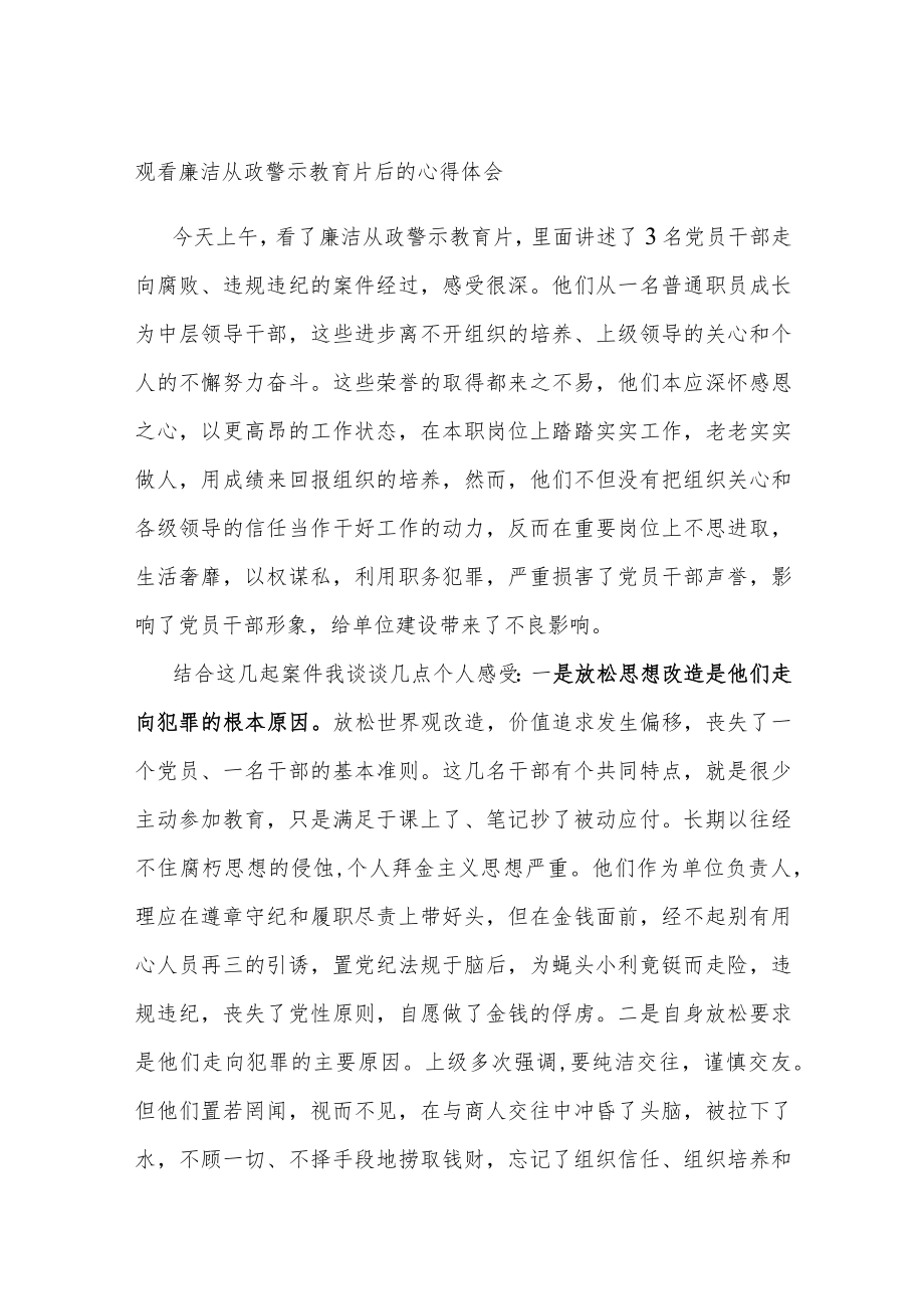 观看廉洁从政警示教育片后的心得体会.docx_第1页