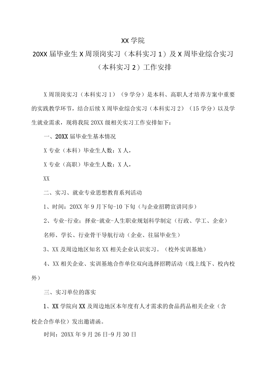 XX学院20XX届毕业生X周顶岗实习（本科实习1）及X周毕业综合实习（本科实习2）工作安排.docx_第1页