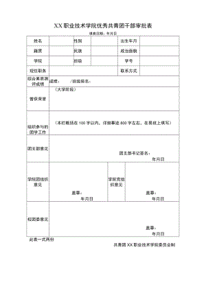 XX职业技术学院优秀共青团干部审批表.docx