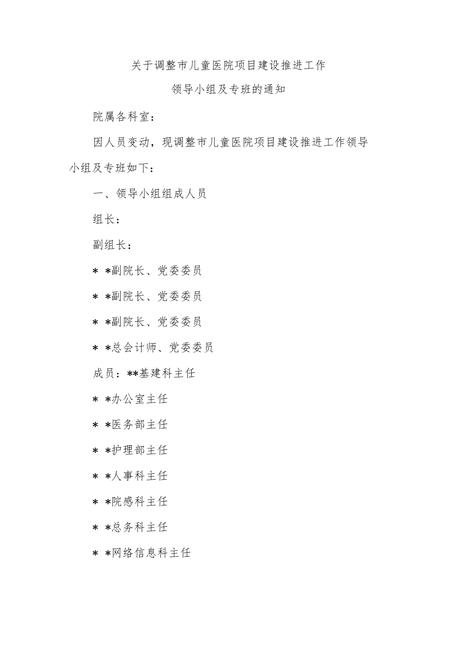 关于调整市儿童医院项目建设推进工作领导小组及专班.docx_第1页